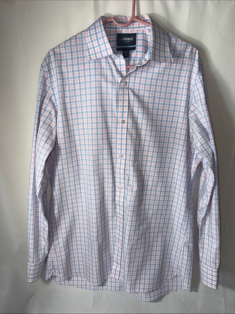 Bonobos Wrinkle-Free Slim Fit Dress Shirt Pink Blue Check XXL 17 Men’s Button Up